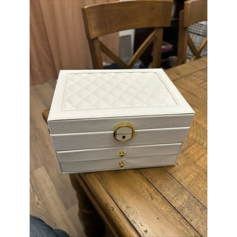White Faux Leather Jewelry Box Organizer, Lockable 2-Drawer Velvet Lined